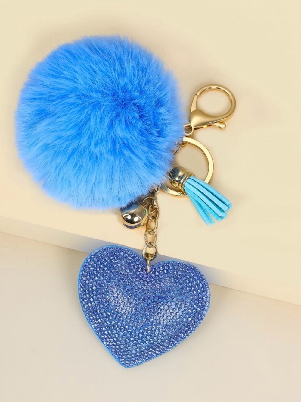 💙 NWT Blue Fluffy Pom Pom Rhinestone Heart Bag Charm Keychain